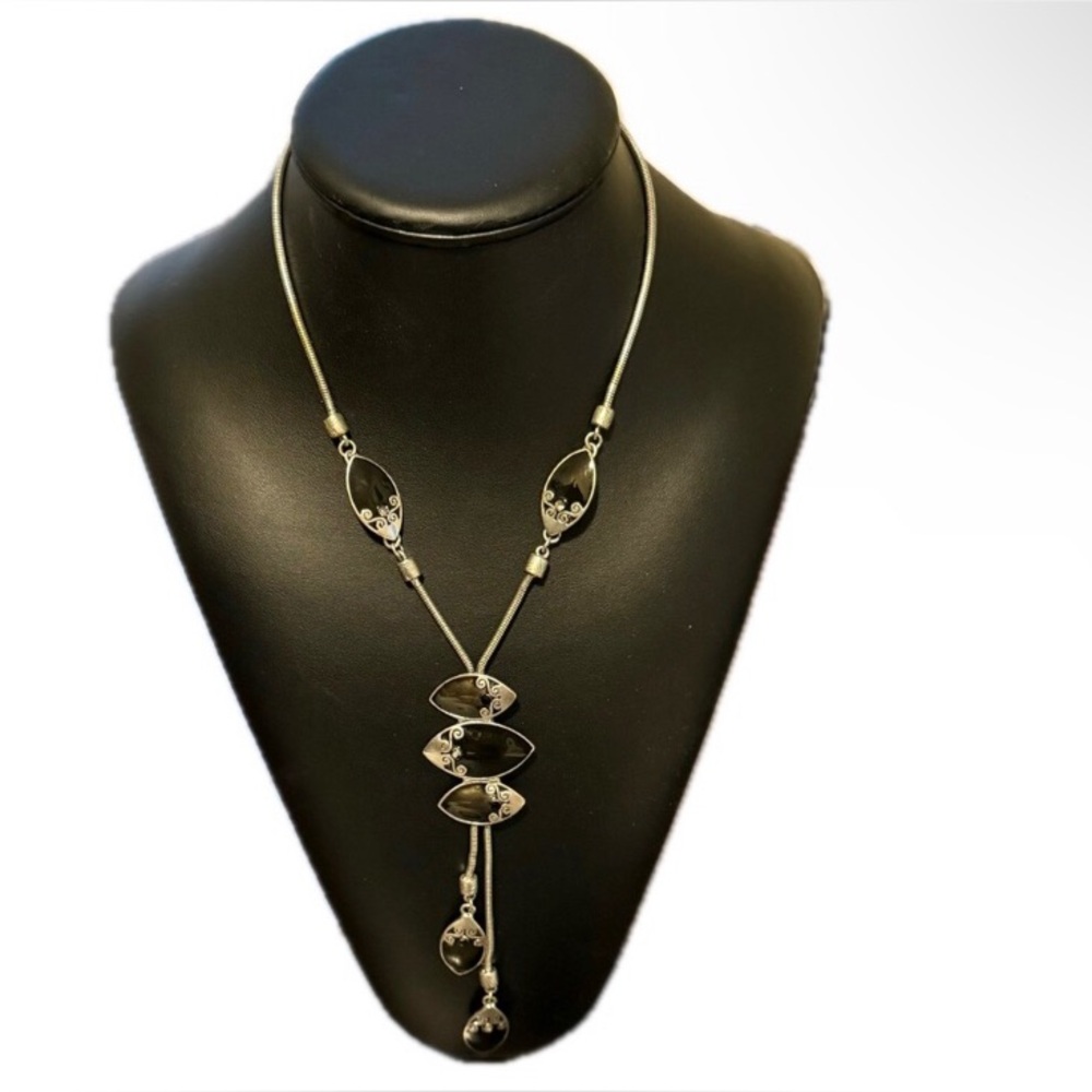 Black Onyx Bolero Necklace Silver Tone Rhinestone and Bolo Lariat